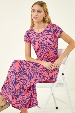 Roman Pink Floral Print Pocket Midi Dress