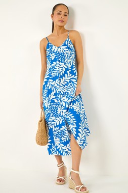 Roman Petite Blue Leaf Print Strappy Midi Dress