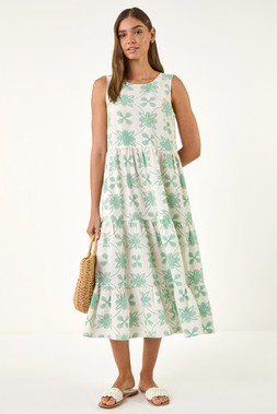 Ivory Floral Motif Tiered Midi Dress