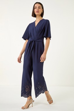 Roman Laser Cut Hem Wrap Front Jumpsuit