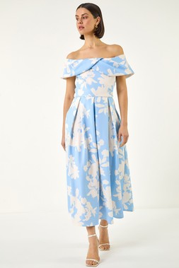 Roman Light Blue Floral Bardot Premium Stretch Midi Dress