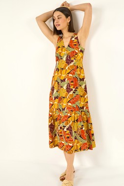 Roman Orange Leaf Print Tiered Midi Dress