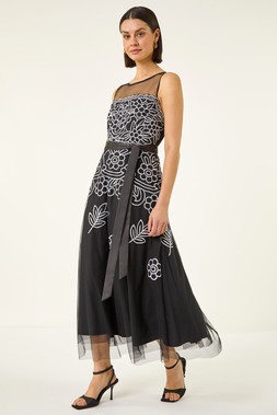 Roman Black Floral Embroidered Mesh Midi Dress