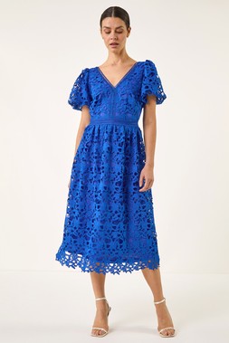 Roman Royal Blue Crochet Lace V-Neck Midi Dress