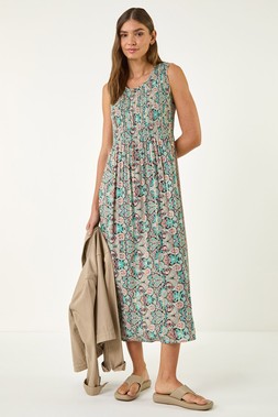 Roman Red Paisley Print Shirred Midi Dress