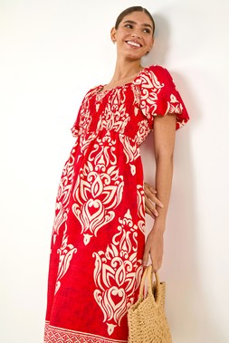 Roman Rust Abstract Print Shirred Midi Dress