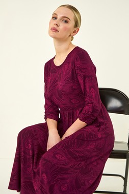 Roman Petite Magenta Feather Print Stretch Midi Dress