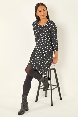 Roman Petite Black Polka Dot Gathered Stretch Dress