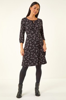 Roman Petite Black Paisley Print Tie Front Dress