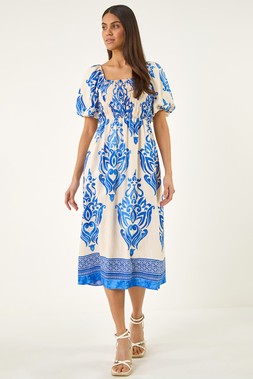 Roman Blue Abstract Print Shirred Midi Dress