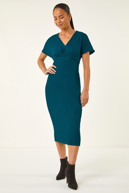 Roman Petite Teal Textured V-Neck Stretch Midi Dress