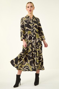 Roman Petite Khaki Tiered Midi Dress