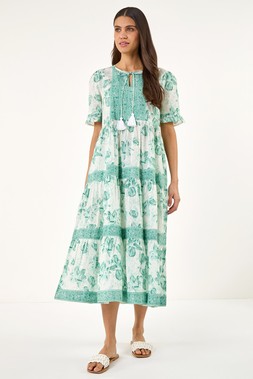 Roman Teal Floral Print Tiered Midi Dress