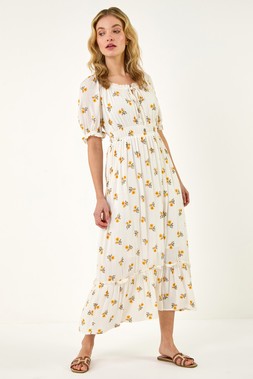 Dusk Ivory Floral Crinkle Midi Dress