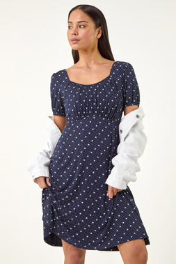 Roman Petite Navy Floral Polka Dot Stretch Dress