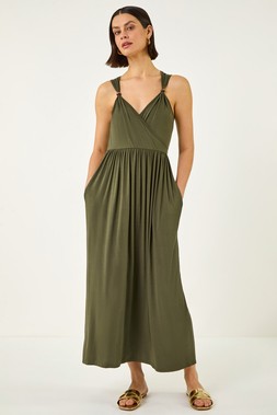 Roman Khaki Bead Detail Wrap Front Midi Dress