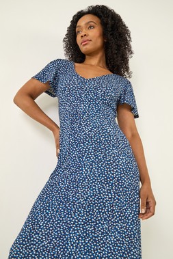Roman Petite Navy Floral Print V-Neck Midi Dress