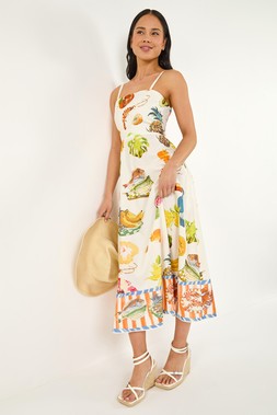 Roman Petite Ivory Fruit Print Strappy Midi Dress