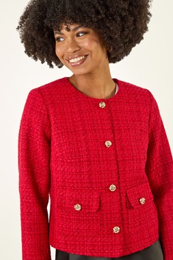 Roman Red Collarless Buttoned Boucle Jacket