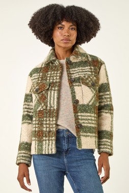 Roman Green Check Print Button Borg Jacket