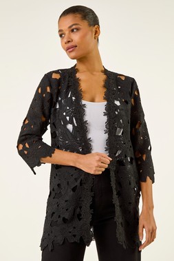 Roman Black Crochet Lace Longline Jacket