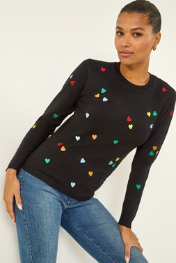 Roman Black Heart Print Embroidered Jumper