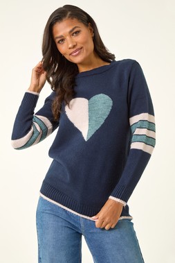 Roman Midnight Blue Heart Print Stripe Sleeve Jumper