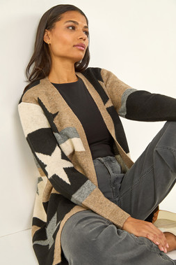 Roman Natural Star Print Longline Stretch Cardigan