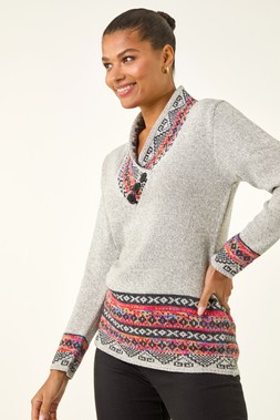 Roman Grey Nordic Print Button Detail V-Neck Jumper