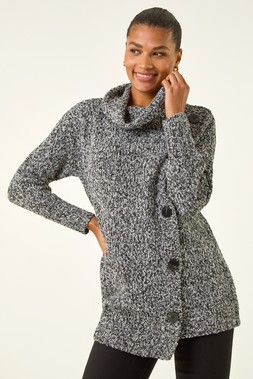 Roman Black Roll Neck Button Detail Longline Jumper