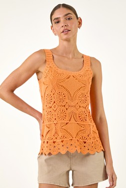 Roman Orange Cotton Crochet Knit Vest Top