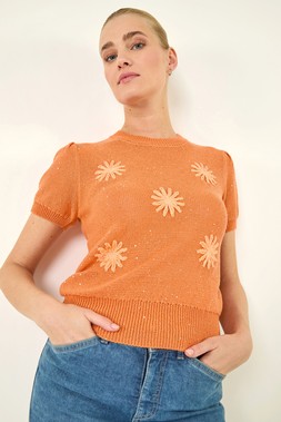 Roman Orange Daisy Sparkly Embroidered Knit Top