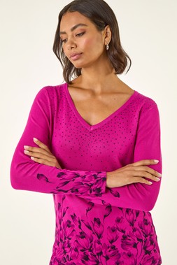 Magenta Embellished Floral Print Knit Jumper