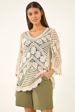 Roman Cream Crochet Lace V-Neck Open Knit
