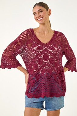 Roman Maroon Crochet Lace V-Neck Open Knit