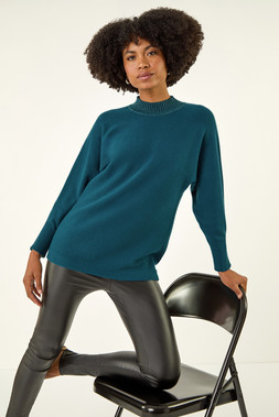 Roman Teal Metallic Tie Front Knitted Jumper