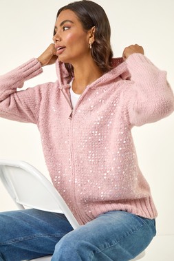 Mauve Sparkly Hooded Knit Cardigan