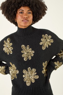 Roman Black Floral Sequin Knit Jumper
