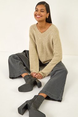 Roman Grey Sequin V-Neck Knit Jumper
