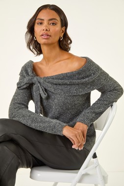 Roman Dark Grey Bardot Sparkly Knit Jumper