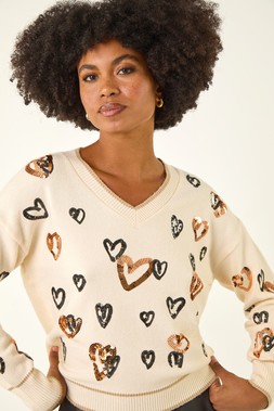 Roman Ivory Sparkly Heart V-Neck Knit Jumper