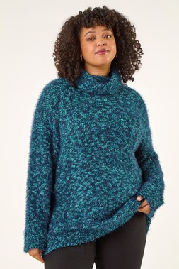 Roman Curve Teal Fluffy Roll Neck Knit Jumper