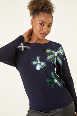 Roman Navy Sparkly Floral Knit Jumper