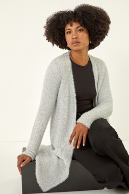 Roman Silver Metallic Longline Knit Cardigan