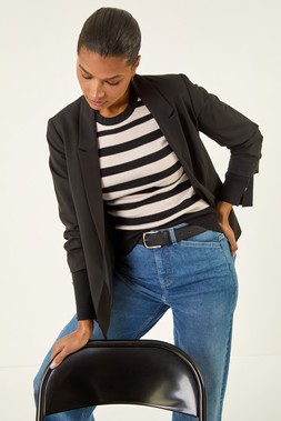Ivory Stripe Button Detail Knit Jumper