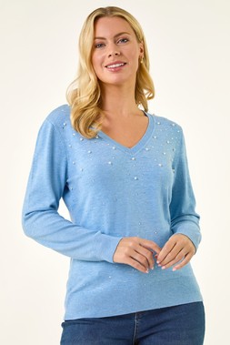 Romn Petite Blue Embellished Faux Pearl Knit Jumper