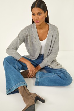 Roman Grey Floral Embellished Knit Cardigan