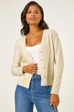 Roman Cream Sequin V-Neck Buttoned Cardigan