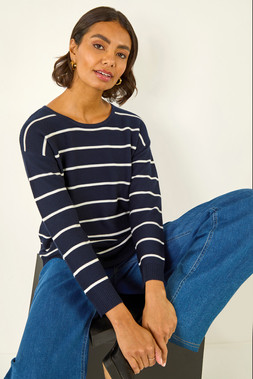 Roman Navy Stripe Curved Hem Knit Jumper