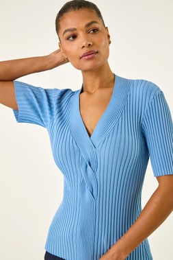 Roman Blue Ribbed V-Neck Cable Knit Jumper